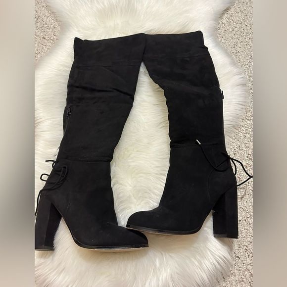 Mix No 6 PRAHA Size Us 8.5 Black Suede High Knee Back Zipper Block Heels Boots - Picture 1 of 7